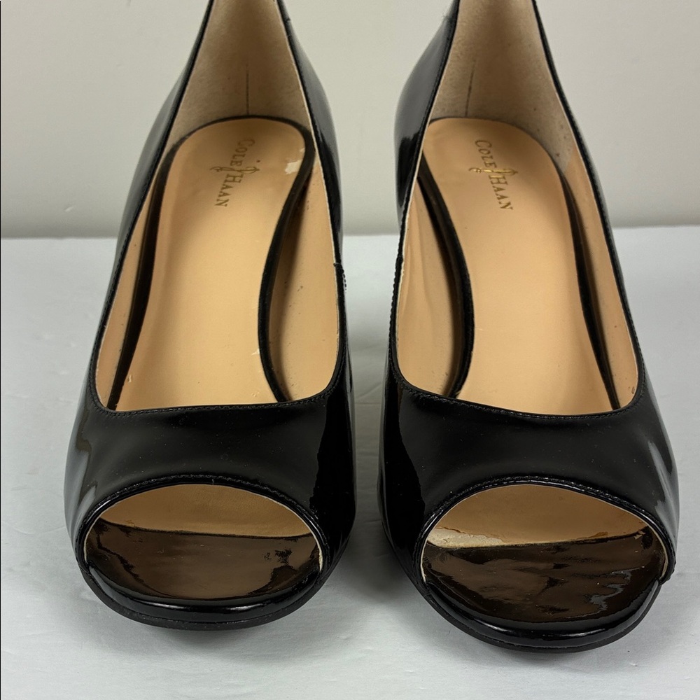 Cole Haan Black Patent Peep-Toe Heels Nike Colab 9B Classic Pumps Work Party - Picture 3 of 9